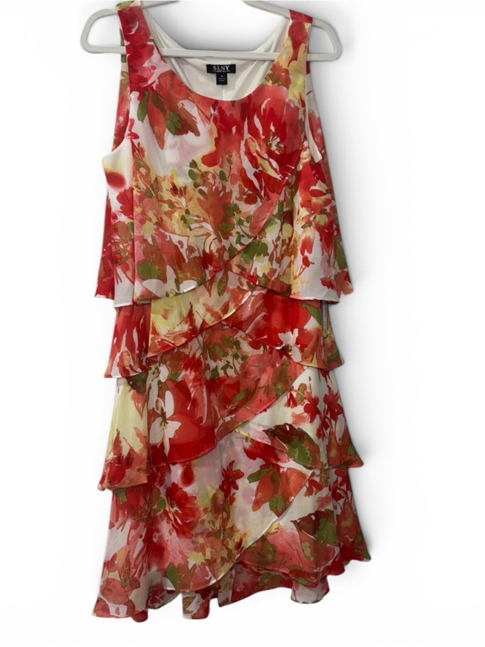 SLNY Red Floral Tiered Chiffon Overlay Dress with Green Accents - Size 16